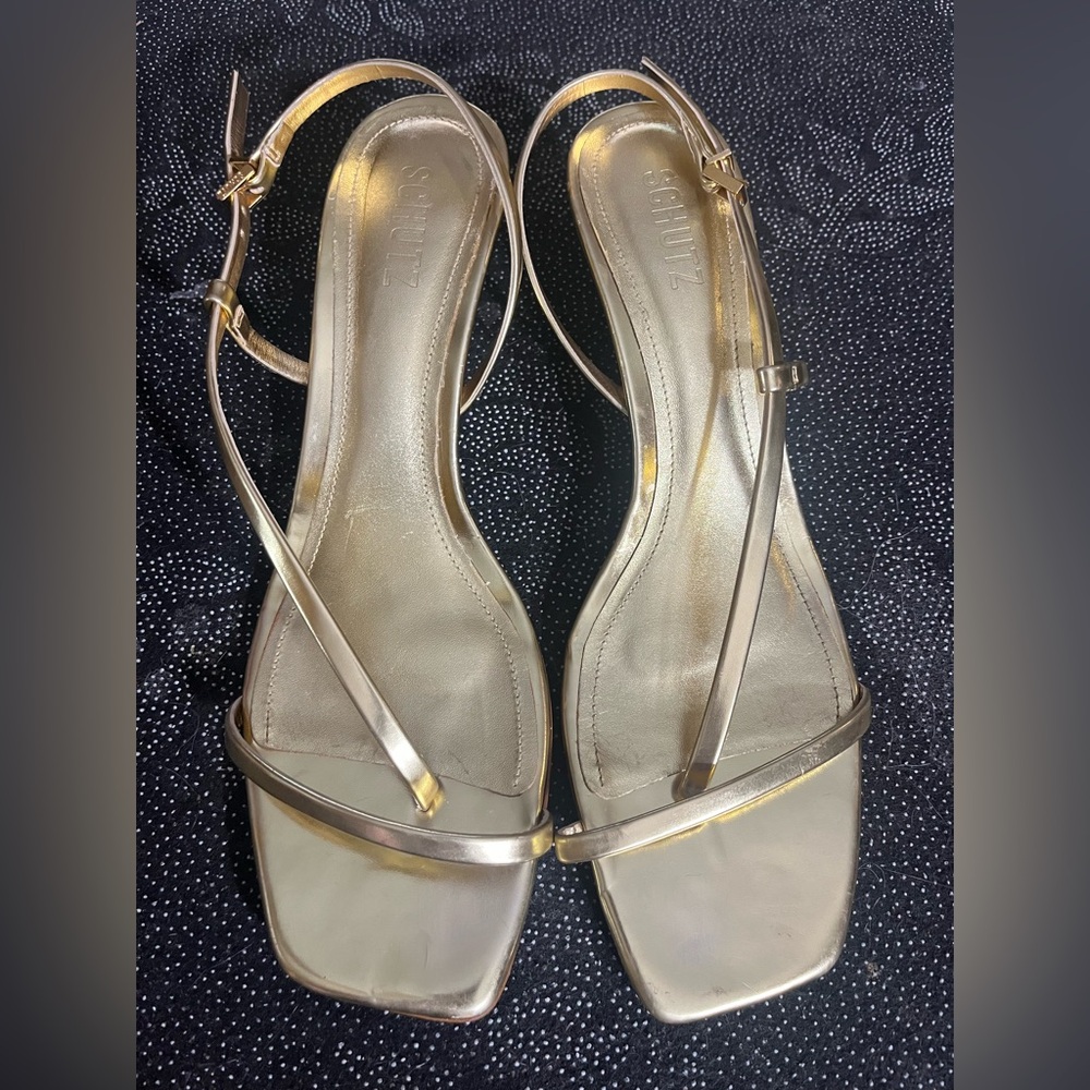 SCHUTZ Metallic Gold Strappy Kitten Heel Sandal - Picture 4 of 10